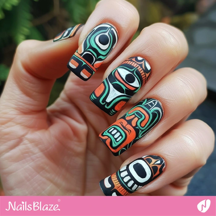 Green and Orange Haida Gwaii Nails | Tribal Nails - NB4594